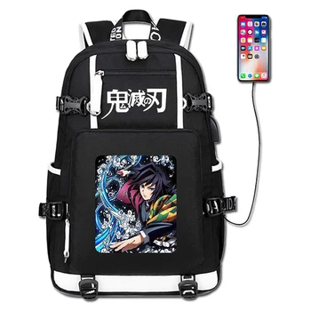 Demon Slayer Kuprinė su USB Įkrovimo lizdas Anime Mokyklos Maišą Nešiojamas Bookbag Kuprinė Mochila