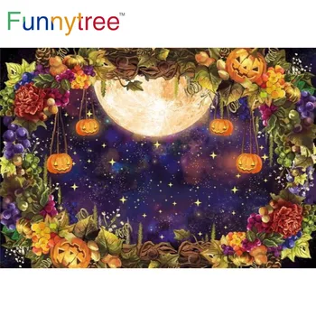 Funnytree Laimingas Halloween Party Moliūgų Žibintų Fone Mėnulis Naktį Žvaigždės Rudenį Vynmedžių Gėlės Vynuogių Apgauti Photozone Fone